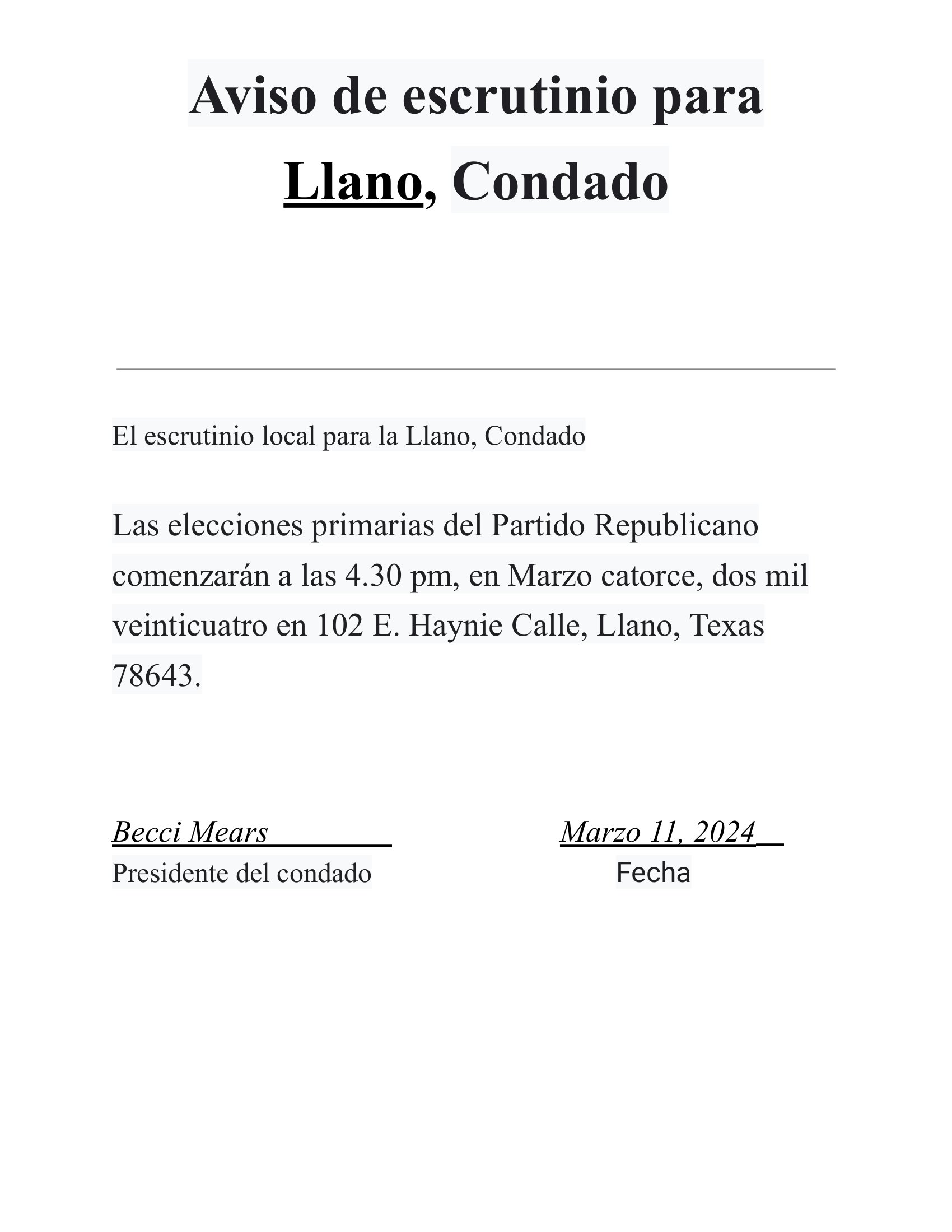 Llano County GOP Notice of Canvass for Llano County Highland Lakes